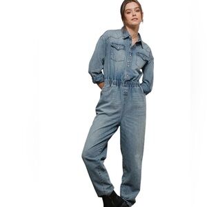 NEW blue b Medium Wash Washed Western Yoke Pearl Snap Pocket Denim Jean Jumpsuit